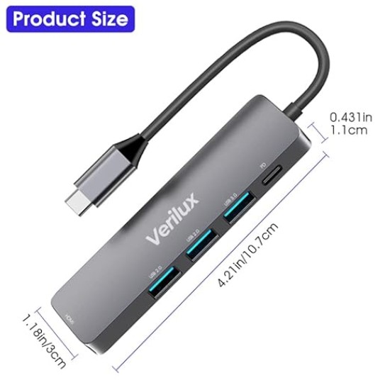 Verilux® USB C Hub,5 in 1 Type C Hub Portable Aluminum Multiport USB Adapter with 4K@30Hz HDMI Output,2.0/3.0 Ports,USB 55W PD Compatible with MacBook Pro/Air/M1,Dell XPS Devices