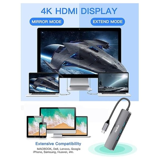 Verilux® USB C Hub,5 in 1 Type C Hub Portable Aluminum Multiport USB Adapter with 4K@30Hz HDMI Output,2.0/3.0 Ports,USB 55W PD Compatible with MacBook Pro/Air/M1,Dell XPS Devices