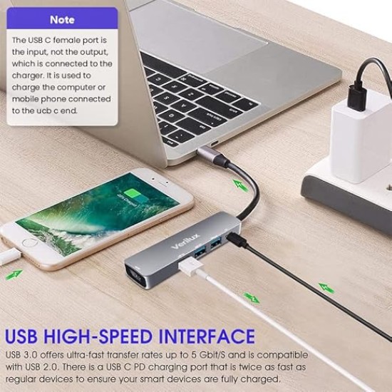 Verilux® USB C Hub,5 in 1 Type C Hub Portable Aluminum Multiport USB Adapter with 4K@30Hz HDMI Output,2.0/3.0 Ports,USB 55W PD Compatible with MacBook Pro/Air/M1,Dell XPS Devices