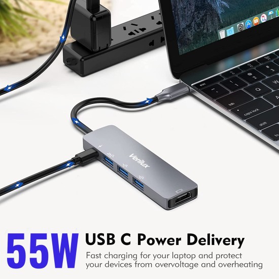 Verilux® USB C Hub,5 in 1 Type C Hub Portable Aluminum Multiport USB Adapter with 4K@30Hz HDMI Output,2.0/3.0 Ports,USB 55W PD Compatible with MacBook Pro/Air/M1,Dell XPS Devices