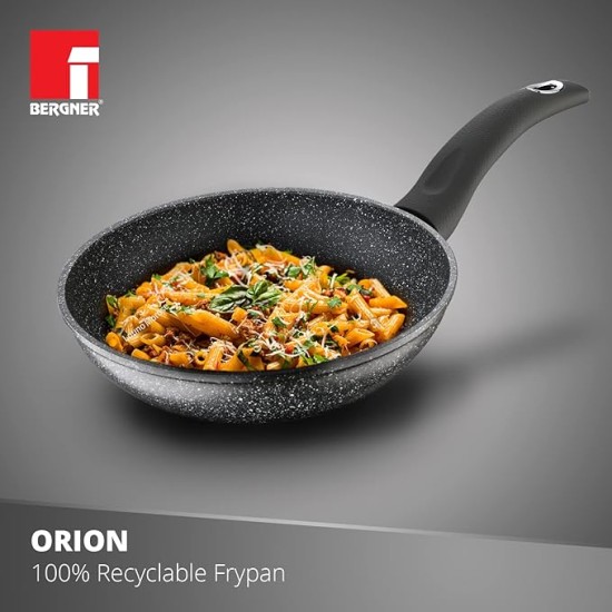 Bergner Orion NonStick 28 cm Fry Pan/ Skillet, 100% Recyclable, For Low Oil Sauté/Pancake/ Crepe/Eggs/Paratha/Toasts, Textured Soft Touch Handle, Granite Finish, Induction & Gas ready, 1-Year Warranty