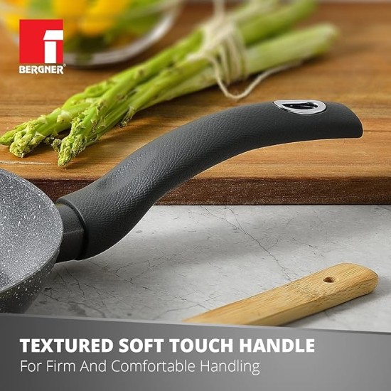 Bergner Orion NonStick 28 cm Fry Pan/ Skillet, 100% Recyclable, For Low Oil Sauté/Pancake/ Crepe/Eggs/Paratha/Toasts, Textured Soft Touch Handle, Granite Finish, Induction & Gas ready, 1-Year Warranty