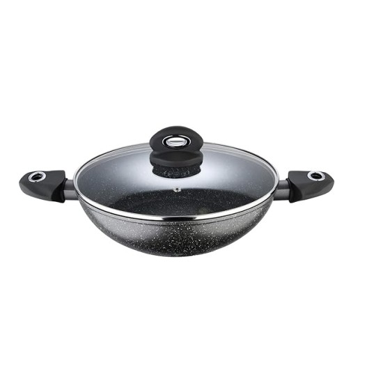 Bergner Orion NonStick 28 cm Kadai, Glass Lid, 3.3 L Capacity, 100% Recyclable, for Deep Fry/Stir-Fry/Curry, Textured Soft Touch Handles, Granite Finish, Induction Bottom, 1-Year Warranty by Bergner