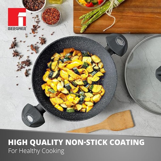 Bergner Orion NonStick 28 cm Kadai, Glass Lid, 3.3 L Capacity, 100% Recyclable, for Deep Fry/Stir-Fry/Curry, Textured Soft Touch Handles, Granite Finish, Induction Bottom, 1-Year Warranty by Bergner