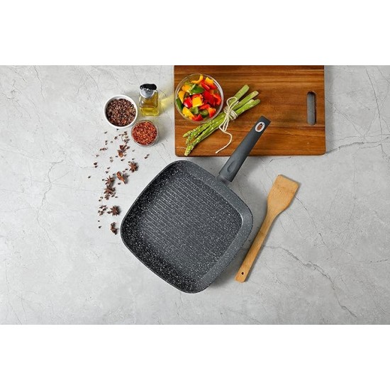 Bergner Orion NonStick 28 cm Grill Pan/Griddle, 100% Recyclable, for Low Oil Tikkas/Kebabs/Sandwiches/Stovetop Babeque, Textured Soft Touch Handle, Granite Finish, Induction & Gas Ready