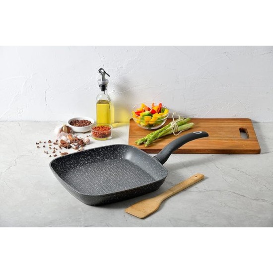 Bergner Orion NonStick 28 cm Grill Pan/Griddle, 100% Recyclable, for Low Oil Tikkas/Kebabs/Sandwiches/Stovetop Babeque, Textured Soft Touch Handle, Granite Finish, Induction & Gas Ready