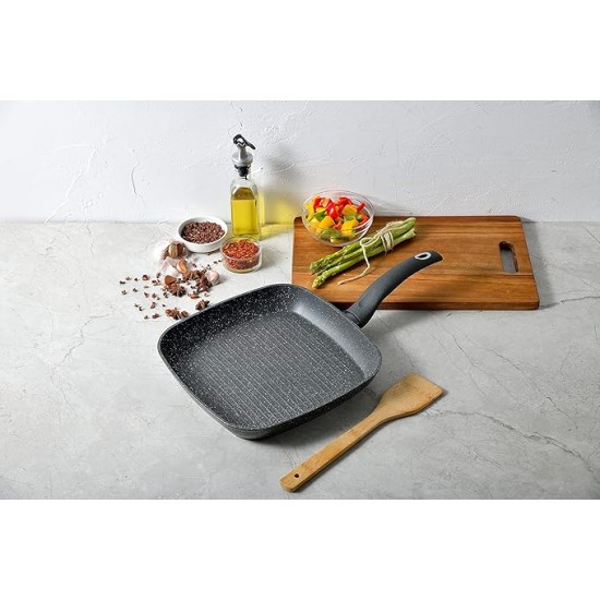 Bergner Orion NonStick 28 cm Grill Pan/Griddle, 100% Recyclable, for Low Oil Tikkas/Kebabs/Sandwiches/Stovetop Babeque, Textured Soft Touch Handle, Granite Finish, Induction & Gas Ready