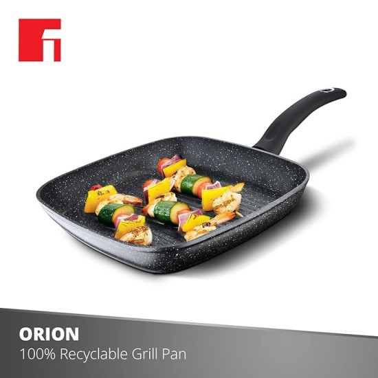 Bergner Orion NonStick 28 cm Grill Pan/Griddle, 100% Recyclable, for Low Oil Tikkas/Kebabs/Sandwiches/Stovetop Babeque, Textured Soft Touch Handle, Granite Finish, Induction & Gas Ready