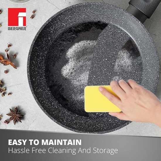 Bergner Orion NonStick 24 cm Fry Pan/ Skillet, 100% Recyclable, For Low Oil Sauté/Pancake/ Crepe/Eggs/Paratha/Toasts, Textured Soft Touch Handle, Granite Finish, Induction & Gas ready, 1-Year Warranty