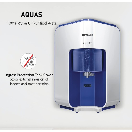 Havells AQUAS Water Purifier (White and Blue), RO+UF, Copper+Zinc+Minerals, 5 stage Purification, 7L Tank, Suitable for Borwell, Tanker & Municipal Water Havells AQUAS Water Purifier (White and Blue), RO+UF, Copper+Zinc+Minerals, 5 stage Purification, 7L Tank, Suitable for Borwell, Tanker & Municipal Water