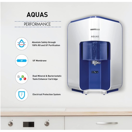 Havells AQUAS Water Purifier (White and Blue), RO+UF, Copper+Zinc+Minerals, 5 stage Purification, 7L Tank, Suitable for Borwell, Tanker & Municipal Water Havells AQUAS Water Purifier (White and Blue), RO+UF, Copper+Zinc+Minerals, 5 stage Purification, 7L Tank, Suitable for Borwell, Tanker & Municipal Water