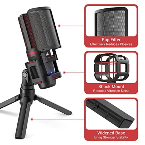 Audio Array AM-C6 USB Plug & Play Condenser Microphone Kit | with pop-Filter & Shock Mount | 3.5 mm No Latency Monitoring, Volume Control & Mute Button | Gaming, Podcasting & Streaming