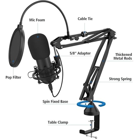 Audio Array AA-01 Suspension Boom Scissor Microphone Stand | Double Layer Mesh Pop Filter | Sturdy Boom Arm with 1.8kg Capacity | 5/8" to 3/8" Screw Adapter | Mic Holder | Mic Foam Cover | Cable Ties