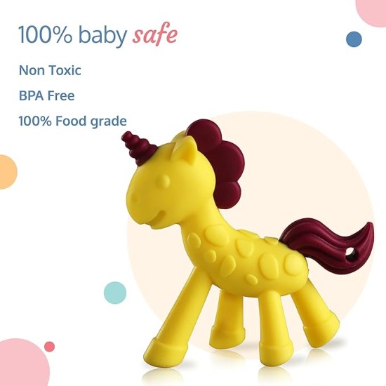 LuvLap Silicone Teether for 6 to 12 Months Baby/Toddler, Teething Toy for Infants andBabies, 100% Food Grade Silicone, Unicorn Design with Textured Surface (Yellow & Purple)