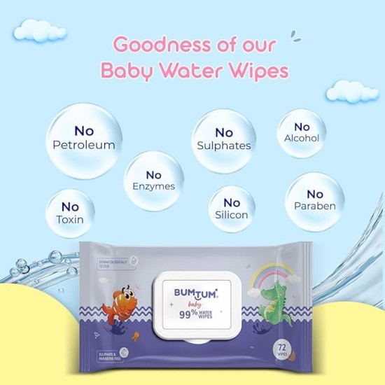 Bumtum Baby Gentle 99% Pure Water Soft Moisturizing Wet Wipes With Lid | Aloe Vera & Chamomile Extracts | Paraben & Sulfate Free (Pack of 6, 72 Pcs. Per Pack)