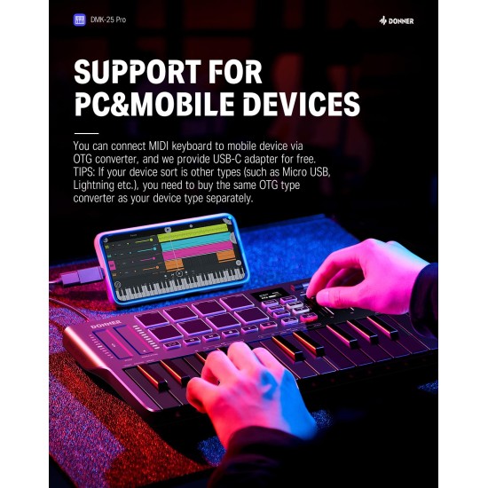 Donner DMK25 Pro MIDI Keyboard Controller, 25 Mini Key Portable USB-C MIDI Keyboard with 8 Drum Pads, OLED Display, Personalized Touch Bar, Music Production Software and 40 Free Courses