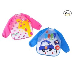 BabyGo Washable 2 Pcs Long Sleeve Bibs, Waterproof Baby Bibs, Toddler Sleeved Bib, Baby Smock for Eating Feeding, 6-24 Months (Multicolor)