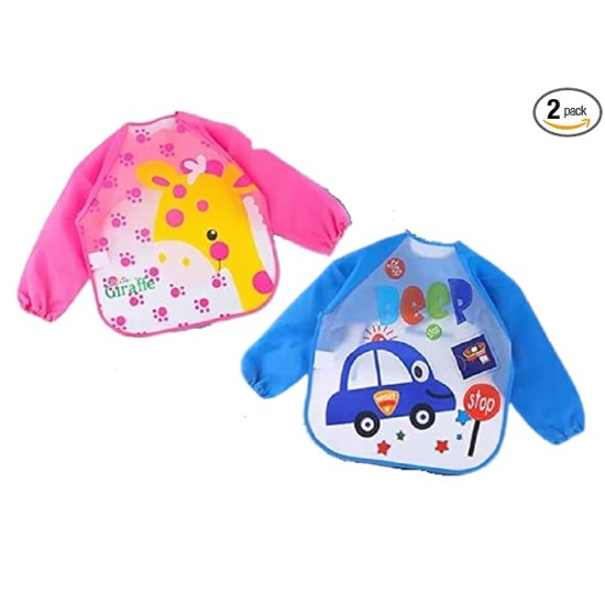 BabyGo Washable 2 Pcs Long Sleeve Bibs, Waterproof Baby Bibs, Toddler Sleeved Bib, Baby Smock for Eating Feeding, 6-24 Months (Multicolor)