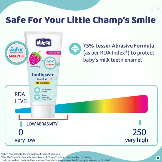 Chicco Toothpaste for Kids (1y-6y), Strawberry Flavour, 50g | Fluoride-Free | Removes Plaque, Helps Prevent Cavities