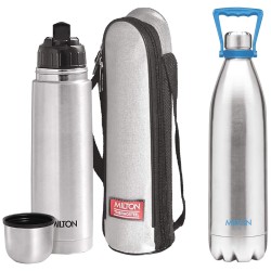 Milton Duo 2200 Thermosteel 24 Hours Hot and Cold Water Bottle with Handle, 2.02 litres, Silver & milton thermosteel flip lid Flask, 1000 milliliters, Silver