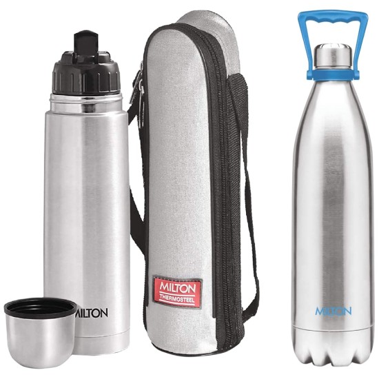 Milton Duo 2200 Thermosteel 24 Hours Hot and Cold Water Bottle with Handle, 2.02 litres, Silver & milton thermosteel flip lid Flask, 1000 milliliters, Silver Milton Duo 2200 Thermosteel 24 Hours Hot and Cold Water Bottle with Handle, 2.02 litres, Silver & milton thermosteel flip lid Flask, 1000 milliliters, Silver