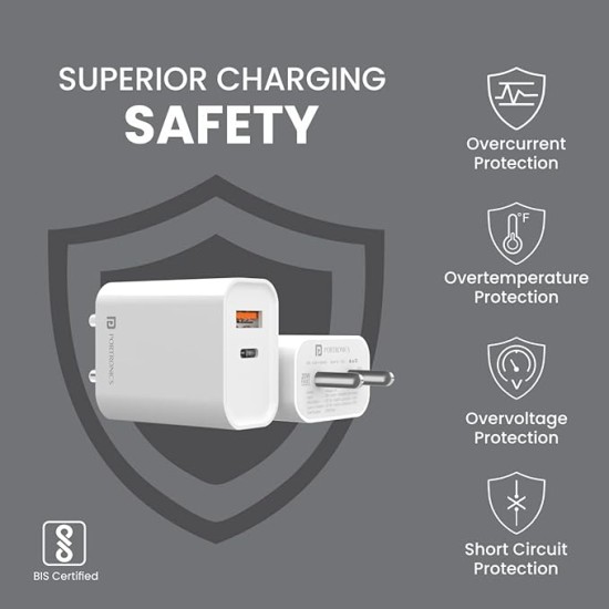 Portronics Adapto 45 22.5W Max Output USB & Type-C Dual Output Super Fast Charger,Wall Adapter Power Delivery 3.0& USB A Fast Charge Adaptor for iPhone,Android & Other Type C Enabled Devices(White)