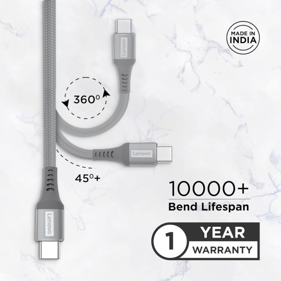 Lenovo USB C to Type-C Tangle-free Aramid fiber braided 1.2m cable with Fast PD charging(upto 100W support) & 480 MBPS data transmission, certified 10000+ bend lifespan, Metallic Grey Lenovo USB C to Type-C Tangle-free Aramid fiber braided 1.2m cable with Fast PD charging(upto 100W support) & 480 MBPS data transmission, certified 10000+ bend lifespan, Metallic Grey
