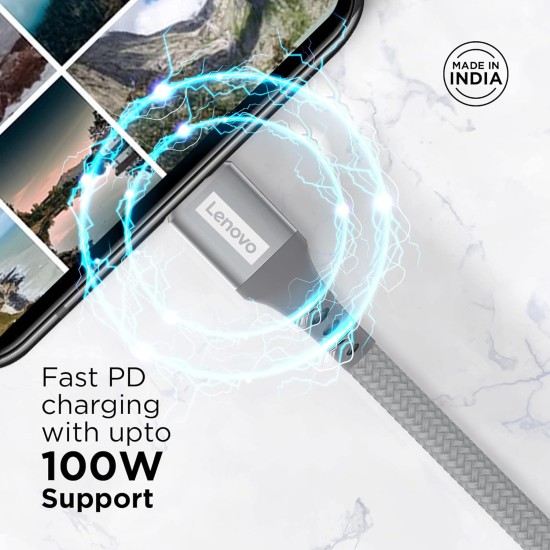 Lenovo USB C to Type-C Tangle-free Aramid fiber braided 1.2m cable with Fast PD charging(upto 100W support) & 480 MBPS data transmission, certified 10000+ bend lifespan, Metallic Grey Lenovo USB C to Type-C Tangle-free Aramid fiber braided 1.2m cable with Fast PD charging(upto 100W support) & 480 MBPS data transmission, certified 10000+ bend lifespan, Metallic Grey