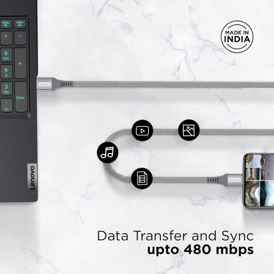 Lenovo USB C to Type-C Tangle-free Aramid fiber braided 1.2m cable with Fast PD charging(upto 100W support) & 480 MBPS data transmission, certified 10000+ bend lifespan, Metallic Grey Lenovo USB C to Type-C Tangle-free Aramid fiber braided 1.2m cable with Fast PD charging(upto 100W support) & 480 MBPS data transmission, certified 10000+ bend lifespan, Metallic Grey