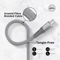 Lenovo USB C to Type-C Tangle-free Aramid fiber braided 1.2m cable with Fast PD charging(upto 100W support) & 480 MBPS data transmission, certified 10000+ bend lifespan, Metallic Grey