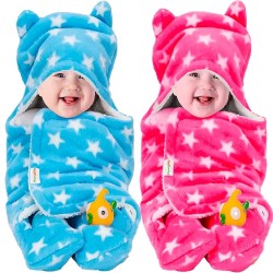 OYO BABY 3-in-1 Hooded Baby Blanket Wrapper - Pack of 2 (Star Pink and Blue) Towel for Baby Boy and Girl | All Season Soft Swaddle | 0-6 Months | Nursing Baby Gifts | Bath Robe