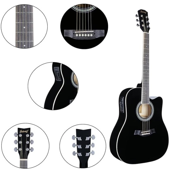 Juarez JRB41C/BK-EQ 41 Inch Acoustic Guitar Kit with Truss Rod, Solid Linden Wood, Ziko Strings, Pearl Rosette, Rosewood Fretboard & Bridge, Die Cast Machine with Picks, Strap, Strings & Bag Black