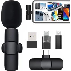4 in 1 K8 Wireless Microphone, Digital Mini Portable Recording Clip Mic with Receiver for All Type-C, Micro USB, Lightning i OS Mobile Phones Camera Laptop for Vlogging YouTube Online Class, Zoom Call