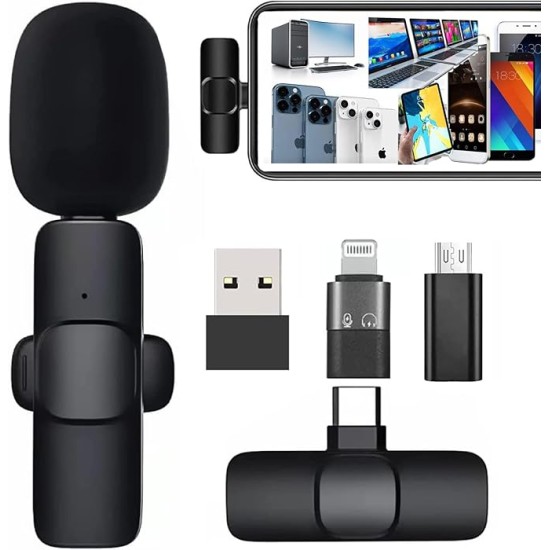 4 in 1 K8 Wireless Microphone, Digital Mini Portable Recording Clip Mic with Receiver for All Type-C, Micro USB, Lightning i OS Mobile Phones Camera Laptop for Vlogging YouTube Online Class, Zoom Call