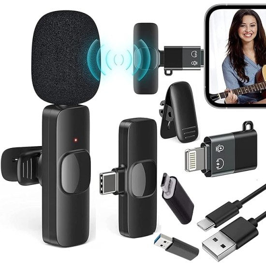 4 in 1 K8 Wireless Microphone, Digital Mini Portable Recording Clip Mic with Receiver for All Type-C, Micro USB, Lightning i OS Mobile Phones Camera Laptop for Vlogging YouTube Online Class, Zoom Call