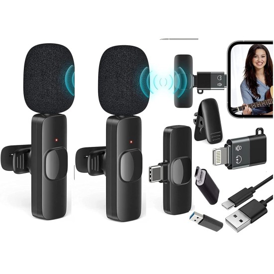 3 in 1 K8 Wireless Microphone, Digital Mini Portable Recording Clip Mic with Receiver for All Android Lightning Mobile Phones Camera Laptop for Vlogging YouTube Online Class, Zoom Call