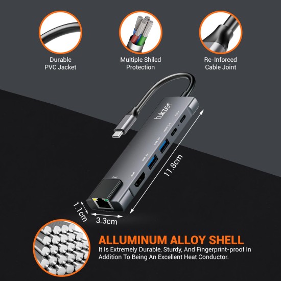 Tukzer 6-in-1 Type-C Hub to HDMI 4K@30Hz, 2 USB 3.0 Data, USB-C 3.0 Data, 100W PD with 1000M Ethernet RJ45, MultiPort Adapter Compatible with MacBook Pro Air iPad, Dell, Other Type-C Device