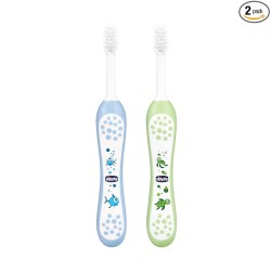 Chicco Baby Manual Toothbrush For Infants (6M-36M), Set Of 2|Extra Soft Tapered Bristles Ideal For Milk Teeth|Bpa Free (Blue, Green)