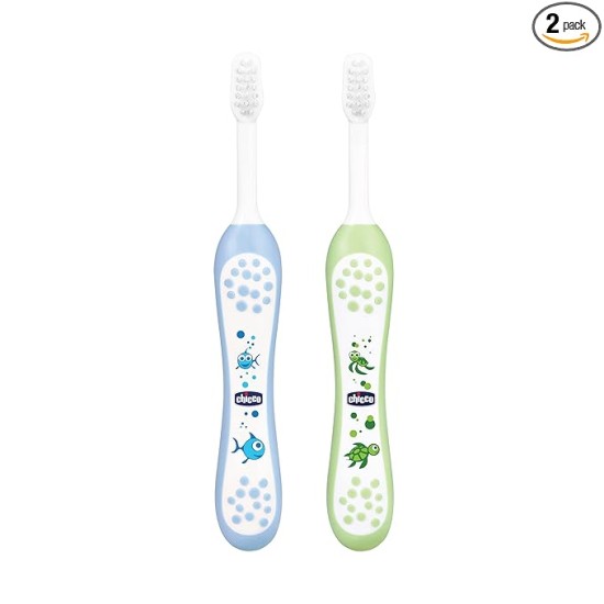 Chicco Baby Manual Toothbrush For Infants (6M-36M), Set Of 2|Extra Soft Tapered Bristles Ideal For Milk Teeth|Bpa Free (Blue, Green)