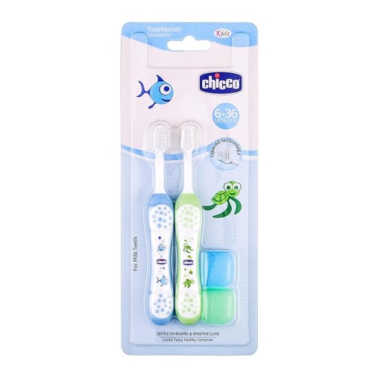 Chicco Baby Manual Toothbrush For Infants (6M-36M), Set Of 2|Extra Soft Tapered Bristles Ideal For Milk Teeth|Bpa Free (Blue, Green)