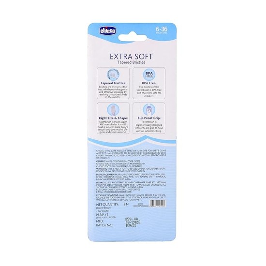 Chicco Baby Manual Toothbrush For Infants (6M-36M), Set Of 2|Extra Soft Tapered Bristles Ideal For Milk Teeth|Bpa Free (Blue, Green)