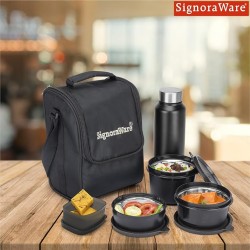 SIGNORA WARE Monarch Premium Microwave Safe Lunch Box (3 Stainless Steel Containers + Pickle Box + Steel Bottle + Insulated Bag, 500Ml+350Ml+200Ml+100Ml +700Ml Bottle,Set of 5,Black Office Series)