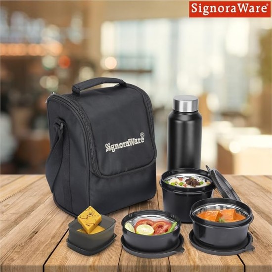 SIGNORA WARE Monarch Premium Microwave Safe Lunch Box (3 Stainless Steel Containers + Pickle Box + Steel Bottle + Insulated Bag, 500Ml+350Ml+200Ml+100Ml +700Ml Bottle,Set of 5,Black Office Series)