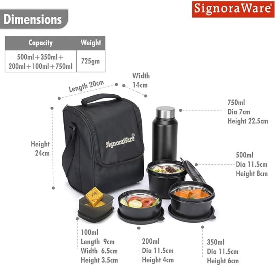 SIGNORA WARE Monarch Premium Microwave Safe Lunch Box (3 Stainless Steel Containers + Pickle Box + Steel Bottle + Insulated Bag, 500Ml+350Ml+200Ml+100Ml +700Ml Bottle,Set of 5,Black Office Series)