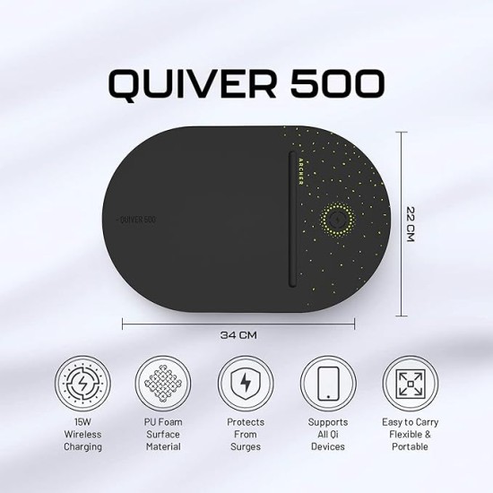Archer Tech Lab Quiver 500 Gaming Mousepad, 15W Wireless Charging, All Qi Device Compatible, Surge Protection, High Speed+ Low Friction Pu Foam Surface, Plug & Play, Compact, Portable