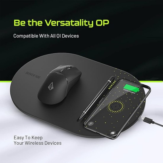 Archer Tech Lab Quiver 500 Gaming Mousepad, 15W Wireless Charging, All Qi Device Compatible, Surge Protection, High Speed+ Low Friction Pu Foam Surface, Plug & Play, Compact, Portable