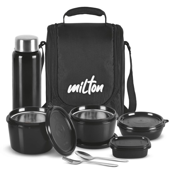 Milton Pro Lunch Tiffin (3 Microwave Safe Inner Steel Containers, 180/320/450 ml; 1 Plastic Chutney Dabba,100 ml; 1 Aqua Steel Bottle, 750 ml, Steel Spoon and Fork) With Insulated Fabric Jacket, Black Milton Pro Lunch Tiffin (3 Microwave Safe Inner Steel Containers, 180/320/450 ml; 1 Plastic Chutney Dabba,100 ml; 1 Aqua Steel Bottle, 750 ml, Steel Spoon and Fork) With Insulated Fabric Jacket, Black
