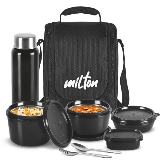 Milton Pro Lunch Tiffin (3 Microwave Safe Inner Steel Containers, 180/320/450 ml; 1 Plastic Chutney Dabba,100 ml; 1 Aqua Steel Bottle, 750 ml, Steel Spoon and Fork) With Insulated Fabric Jacket, Black Milton Pro Lunch Tiffin (3 Microwave Safe Inner Steel Containers, 180/320/450 ml; 1 Plastic Chutney Dabba,100 ml; 1 Aqua Steel Bottle, 750 ml, Steel Spoon and Fork) With Insulated Fabric Jacket, Black