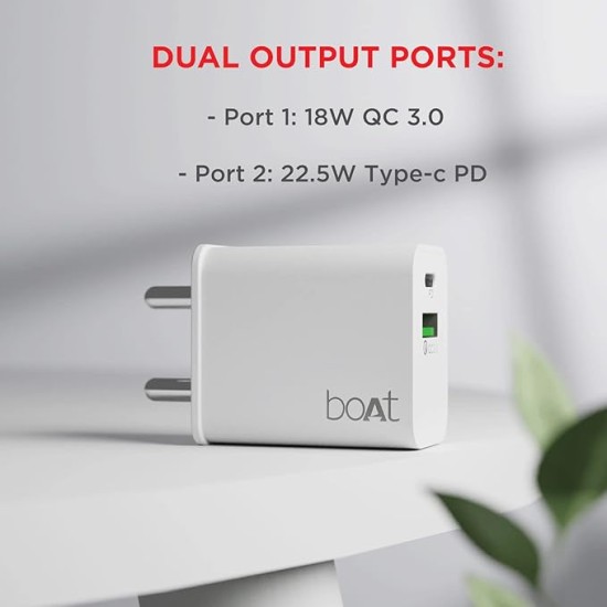 boAt WCDV 22.5W Dual Port Charger with 22.5W Power Delivery Support & 18W Quick Charge 3.0, Smart IC Protection, Auto Detection for Samsung, Xiaomi & Android Users with Type A to Type C Cable(White) boAt WCDV 22.5W Dual Port Charger with 22.5W Power Delivery Support & 18W Quick Charge 3.0, Smart IC Protection, Auto Detection for Samsung, Xiaomi & Android Users with Type A to Type C Cable(White)