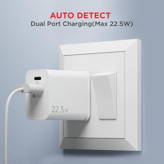 boAt WCDV 22.5W Dual Port Charger with 22.5W Power Delivery Support & 18W Quick Charge 3.0, Smart IC Protection, Auto Detection for Samsung, Xiaomi & Android Users with Type A to Type C Cable(White) boAt WCDV 22.5W Dual Port Charger with 22.5W Power Delivery Support & 18W Quick Charge 3.0, Smart IC Protection, Auto Detection for Samsung, Xiaomi & Android Users with Type A to Type C Cable(White)